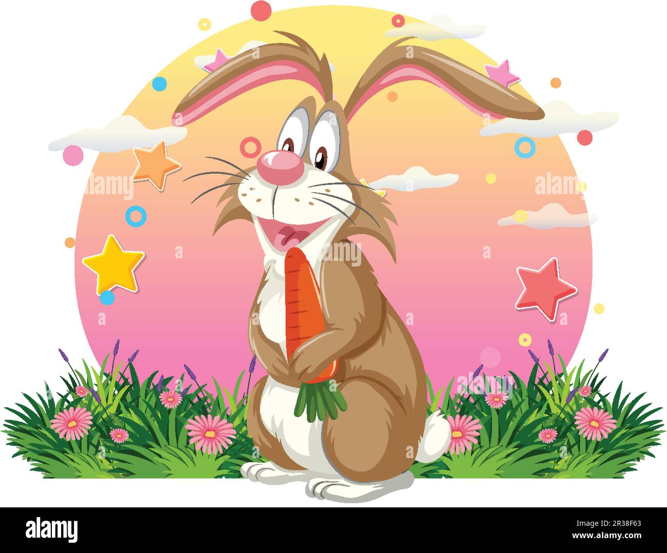 Cute rabbit holding carrot in the flower field illustration Stock ...