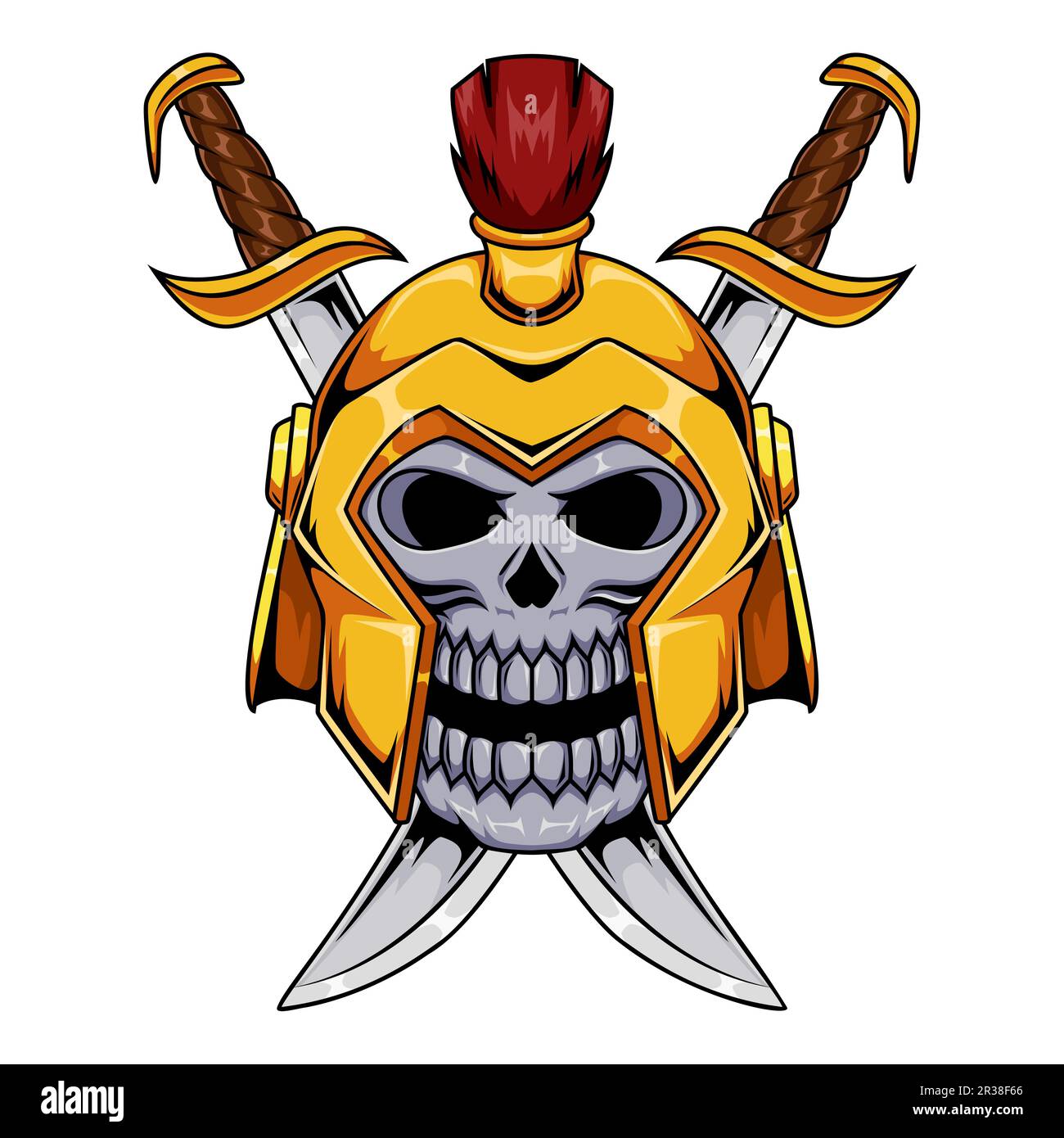 Illustration of swordman human skull character wearing helmet with