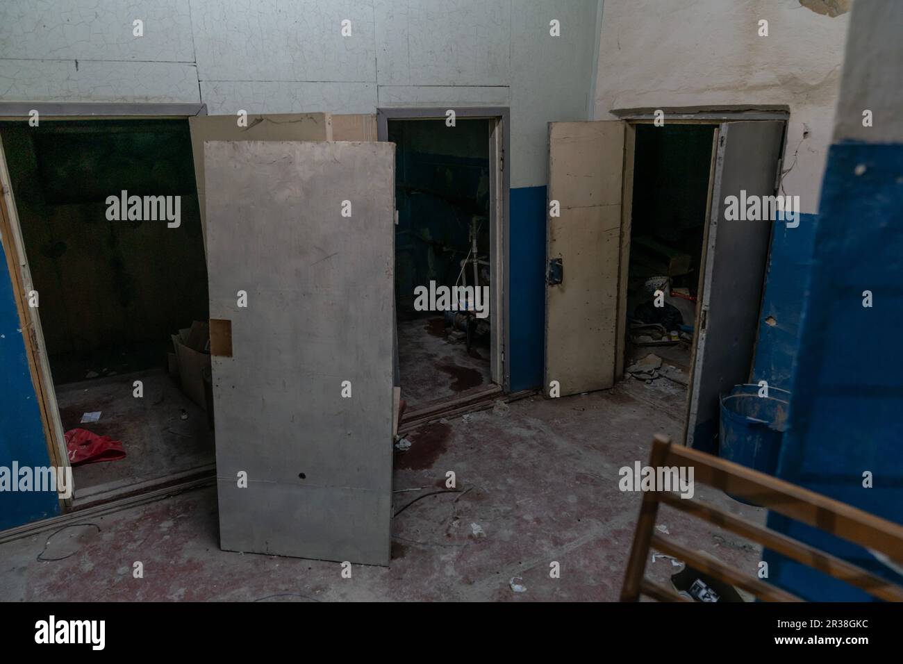 View of torture chambers in police stations in Kherson used by Russian during occupation to torture and intimidate prisoners on May 22, 2023 Stock Photo