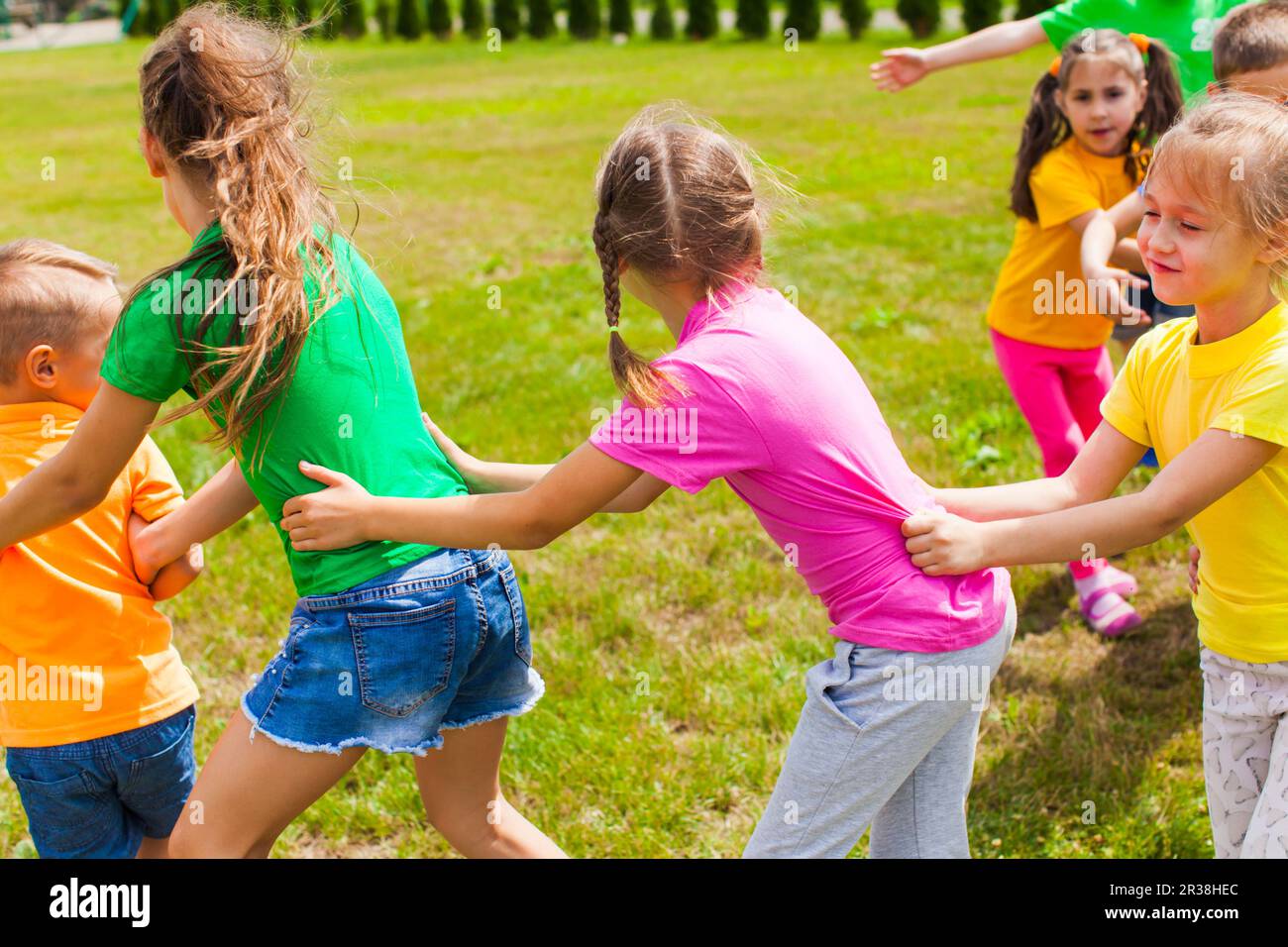Happy children having fun in the summer camp Stock Photo