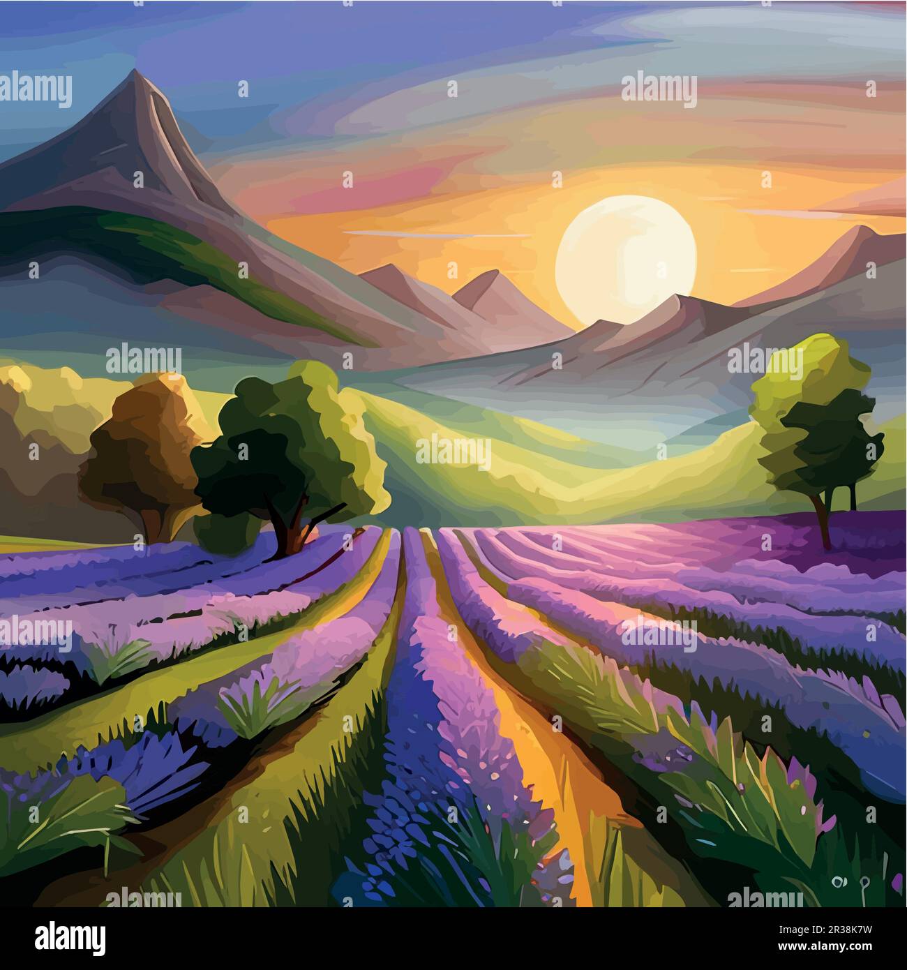 Stunning landscape with lavender field at sunset nature vector ...