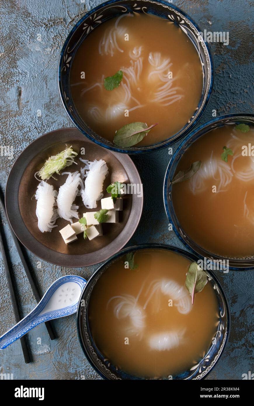 Bowls of miso soup with noodles and tofu Stock Photo
