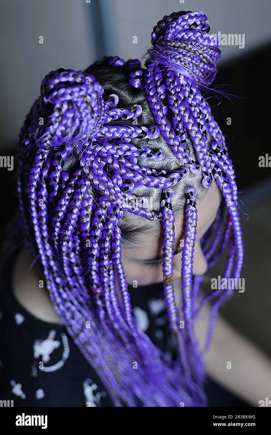 Purple braids on the head of the girl, colored hair, youth hairdo close-up, thick boxer braids Stock Photo