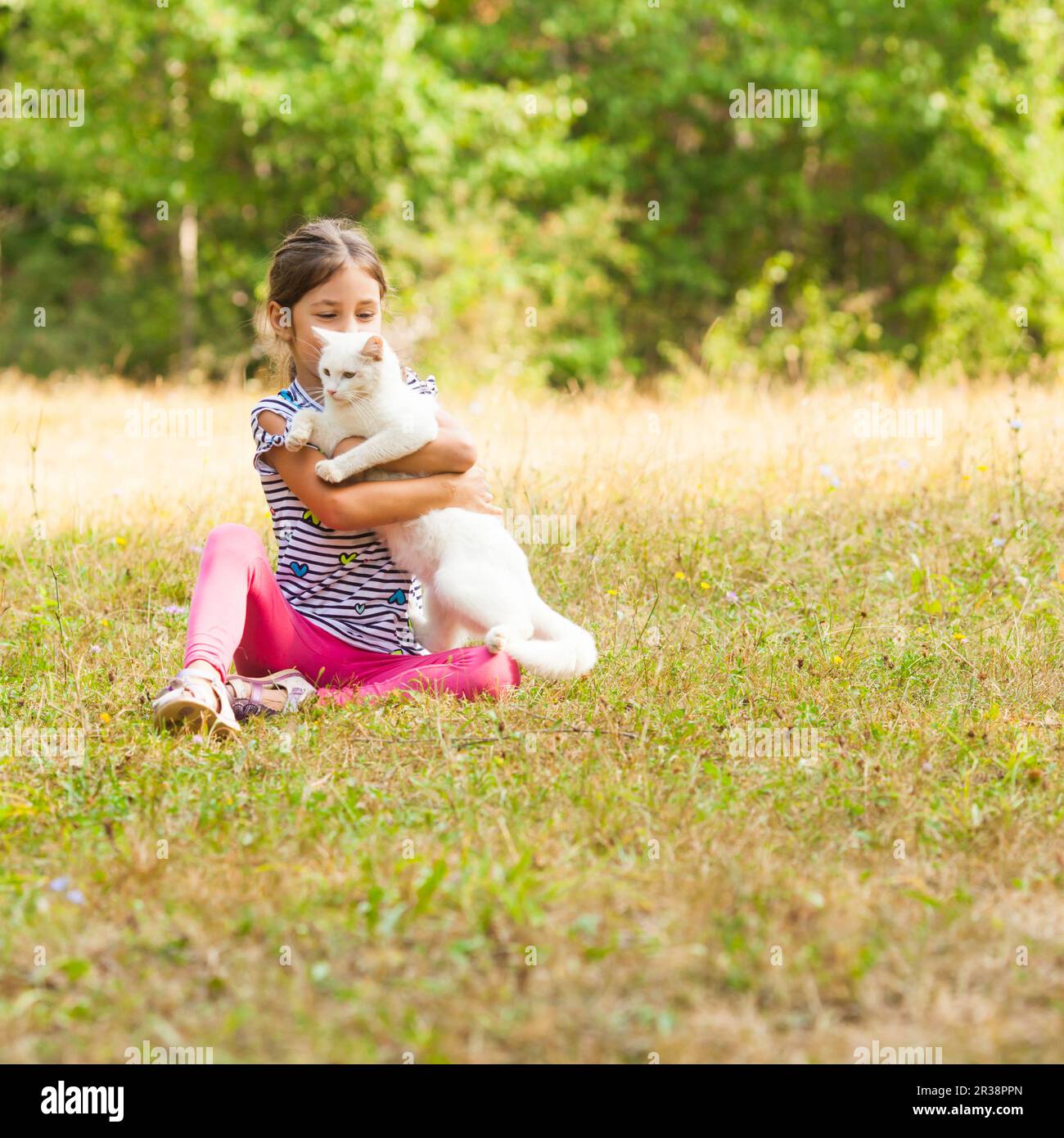 Lovely girl hugging her domestic white cat Stock Photo