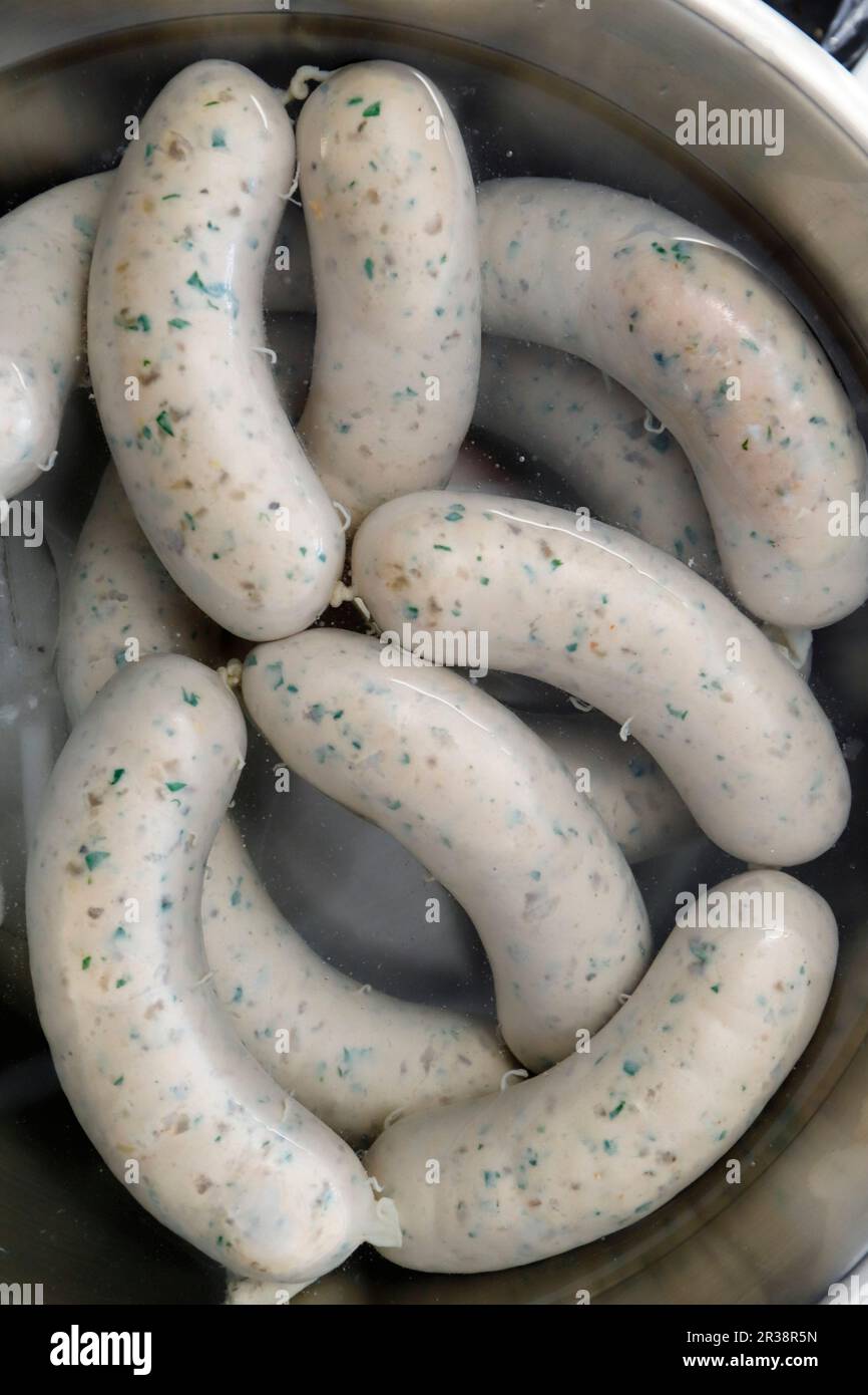 Weisswurst sausages (white sausages) in pan Stock Photo