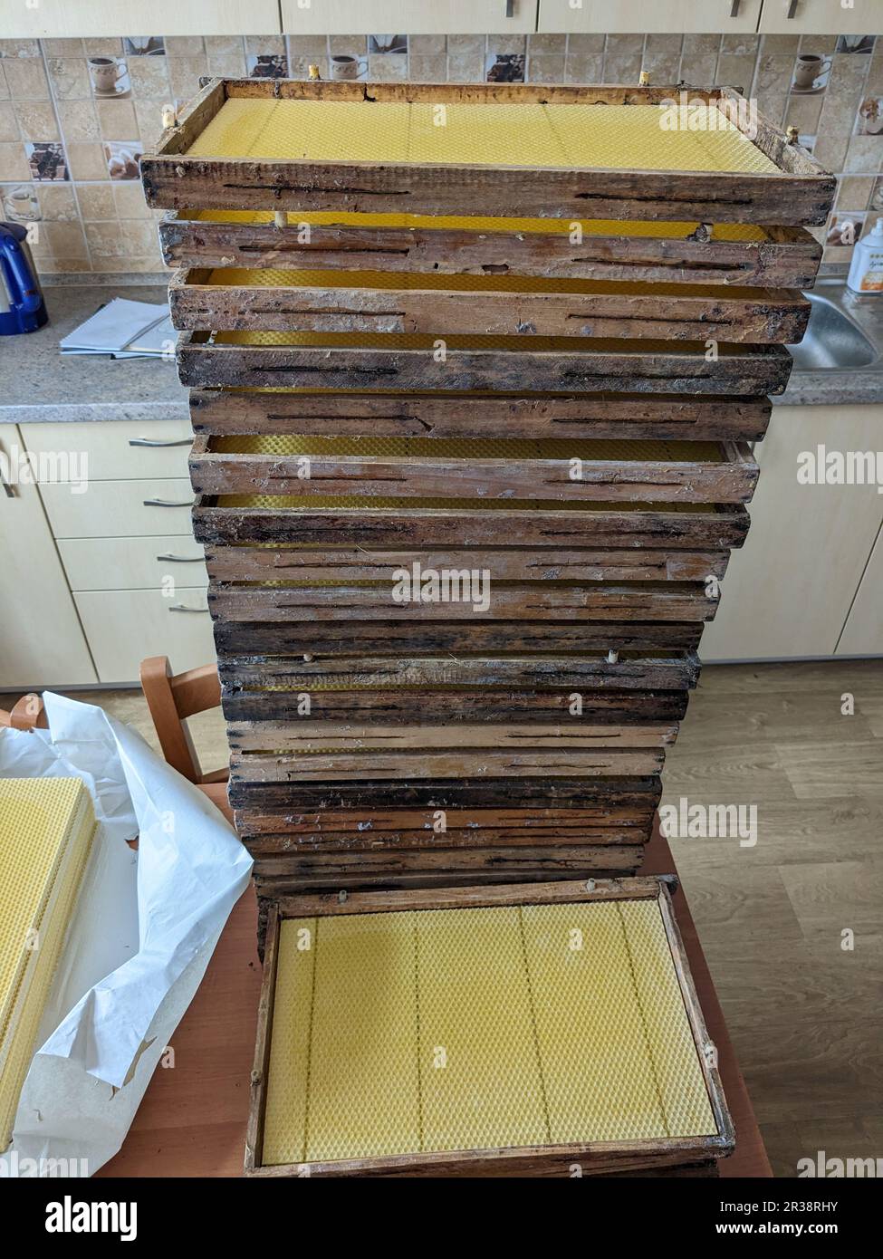 frames with wax,which are used in bee hives are getting ready for new beekeeping season. Stock Photo