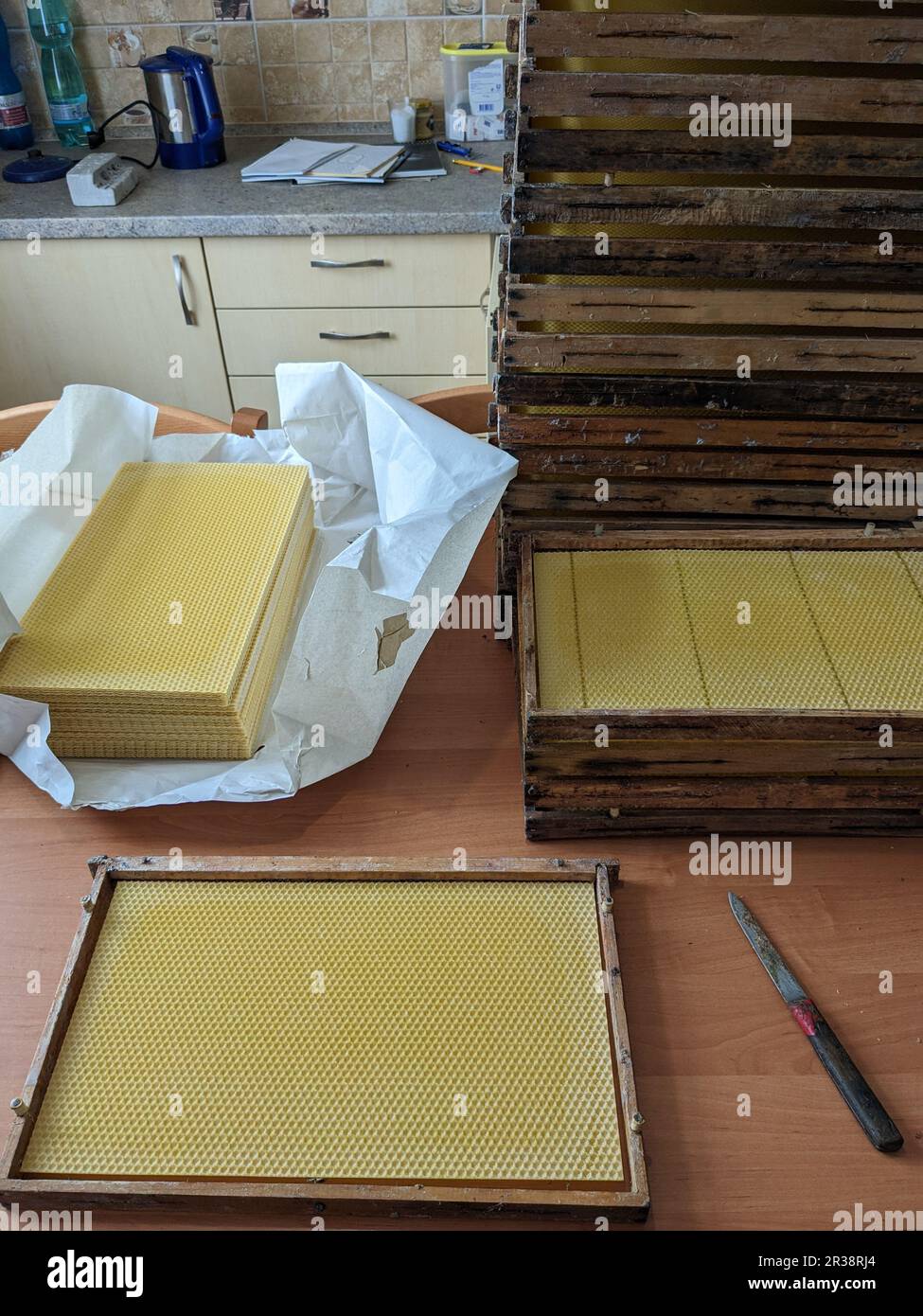 frames with wax,which are used in bee hives are getting ready for new beekeeping season. Stock Photo