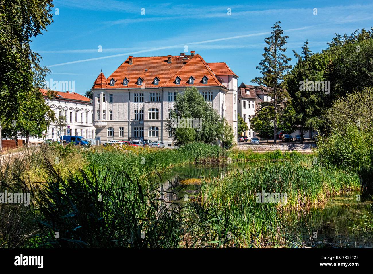 Swan pond and view of historic building in Tiergartenstraße 5, Neustrelitz, Mecklenburg-Vorpommern, Germany Stock Photo