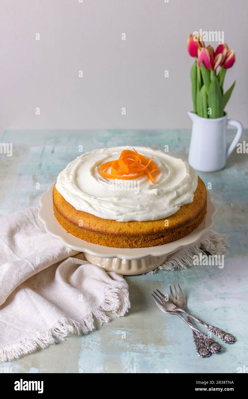 Carrot cake decorated with cream cheese Stock Photo