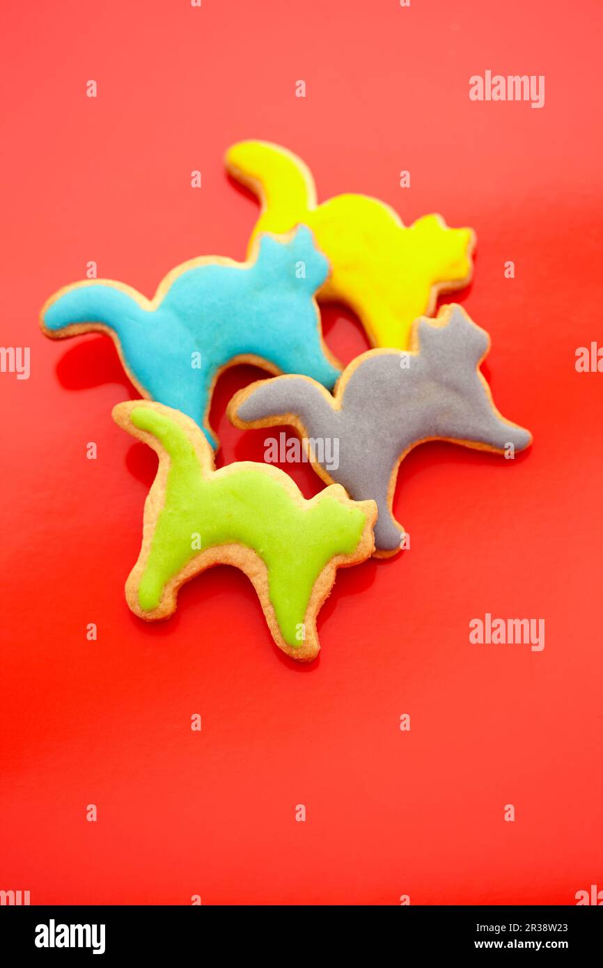 Cat shaped biscuits with colorful icing in front of a red background