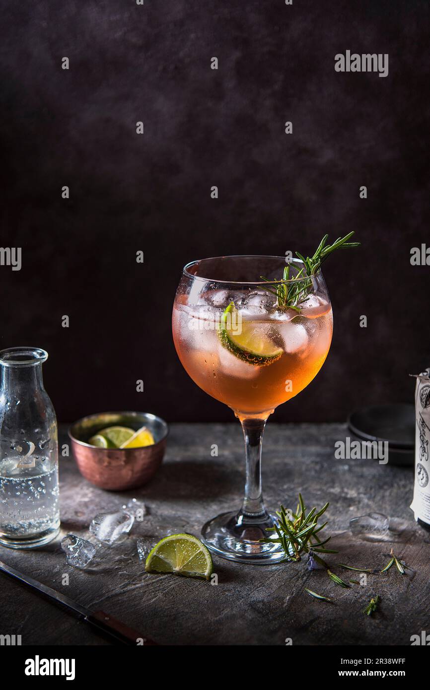 Pink gin and tonic cocktail with angostura bitters, lime and rosemary