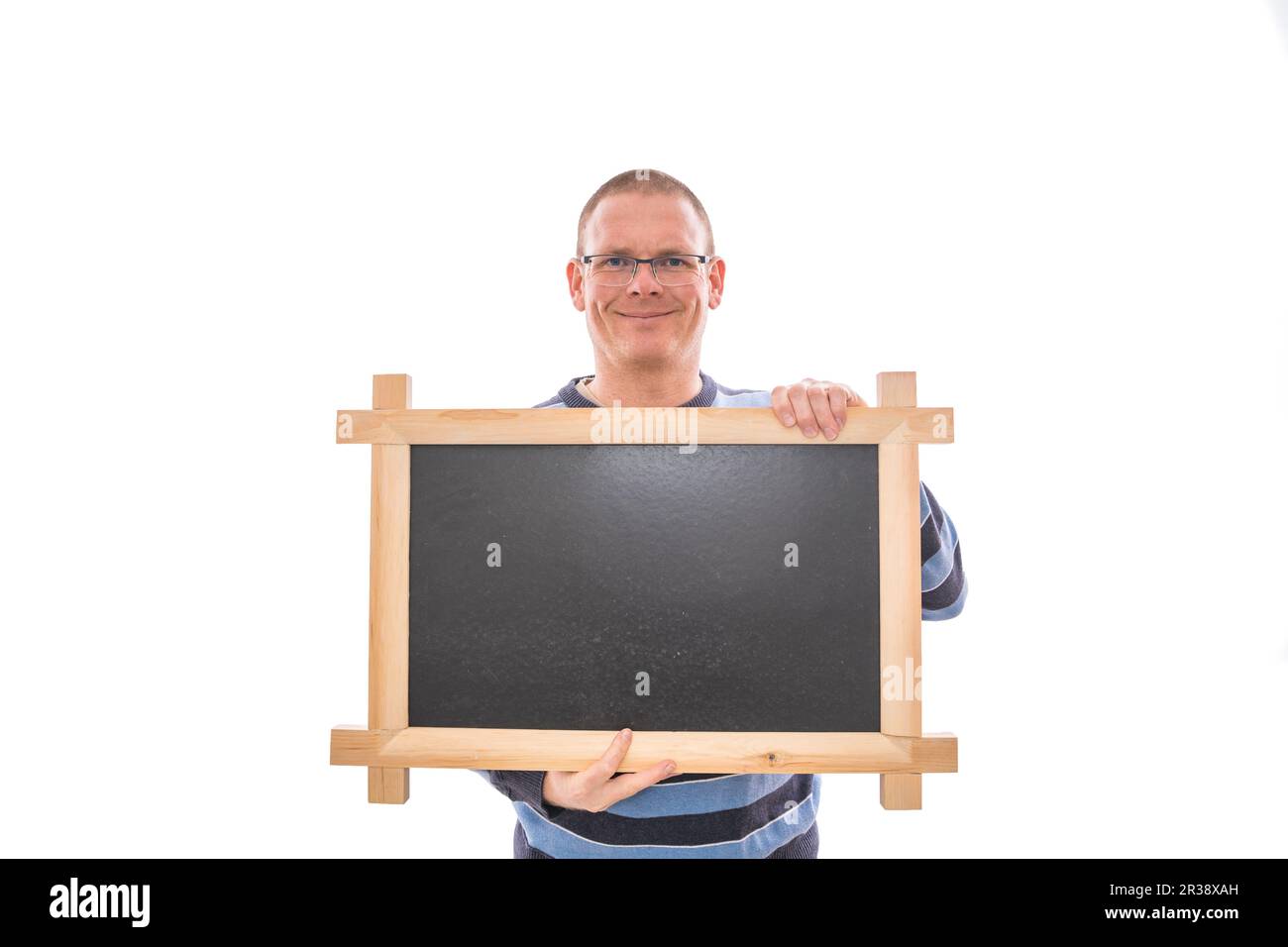 Man with black chalkboard Stock Photo