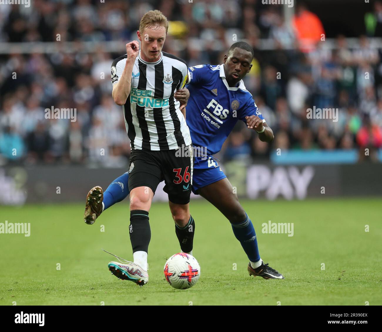 Newcastle United's Sean Longstaff in action with Leicester City's Boubakary Soumare during the Premier League match between Newcastle United and Leicester City at St. James's Park, Newcastle on Monday 22nd May 2023. (Photo by Mark Fletcher/MI News/NurPhoto) Credit: NurPhoto SRL/Alamy Live News Stock Photo