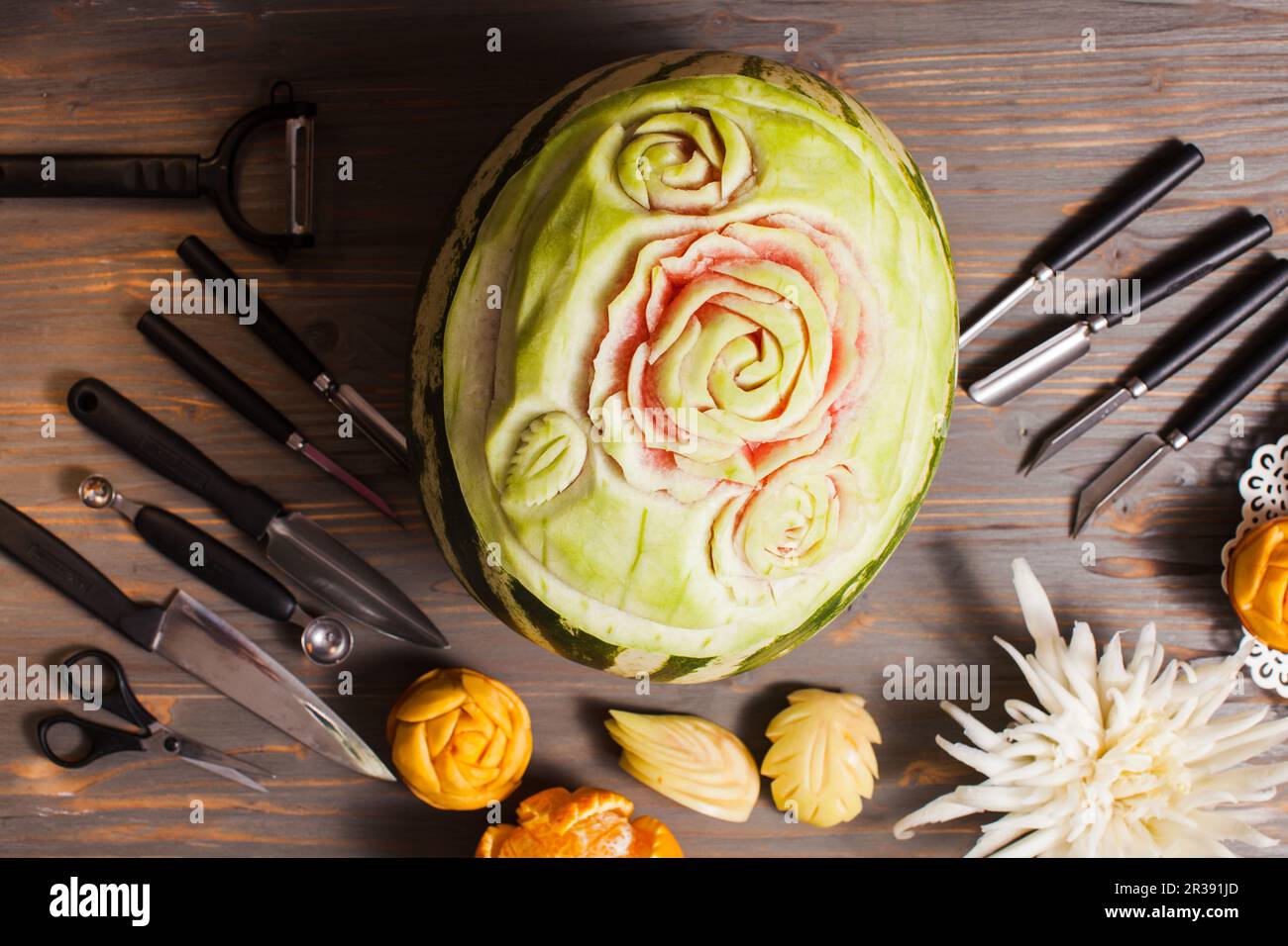 Carved watermelon fruit prepared for the carving Stock Photo