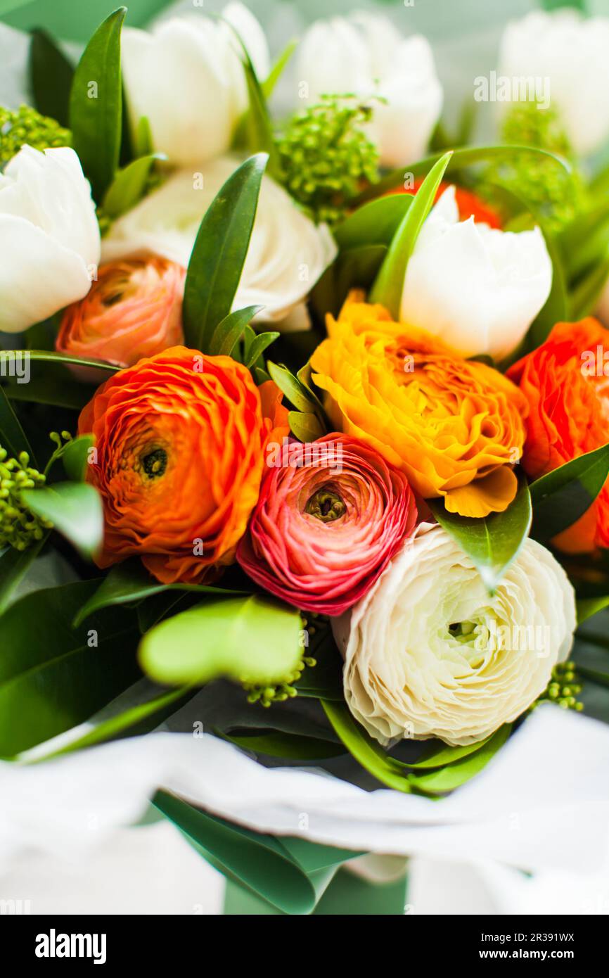 Bouquet of ranunculus of different shades close up Stock Photo
