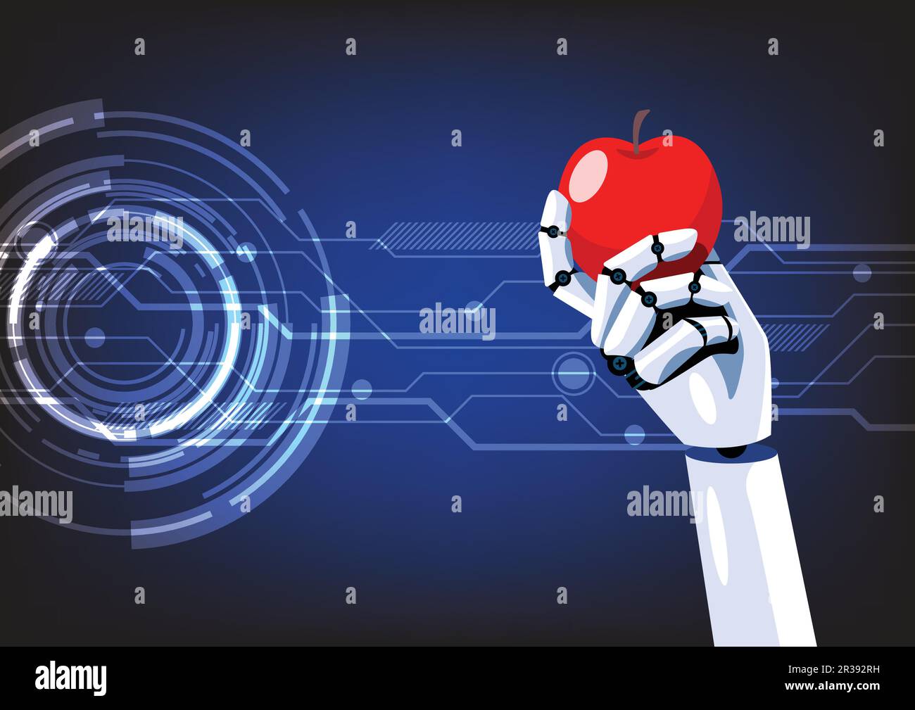 Robot hand is holding an apple on abstract technology background. Vector illustration Stock Vector