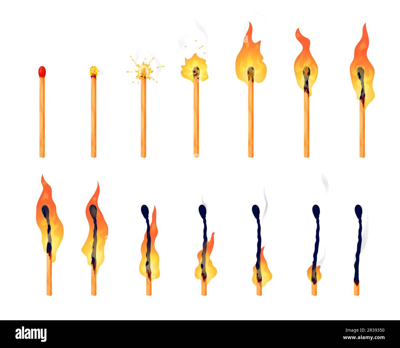 Burning match animation. Cartoon matchstick red sulfur head ignite