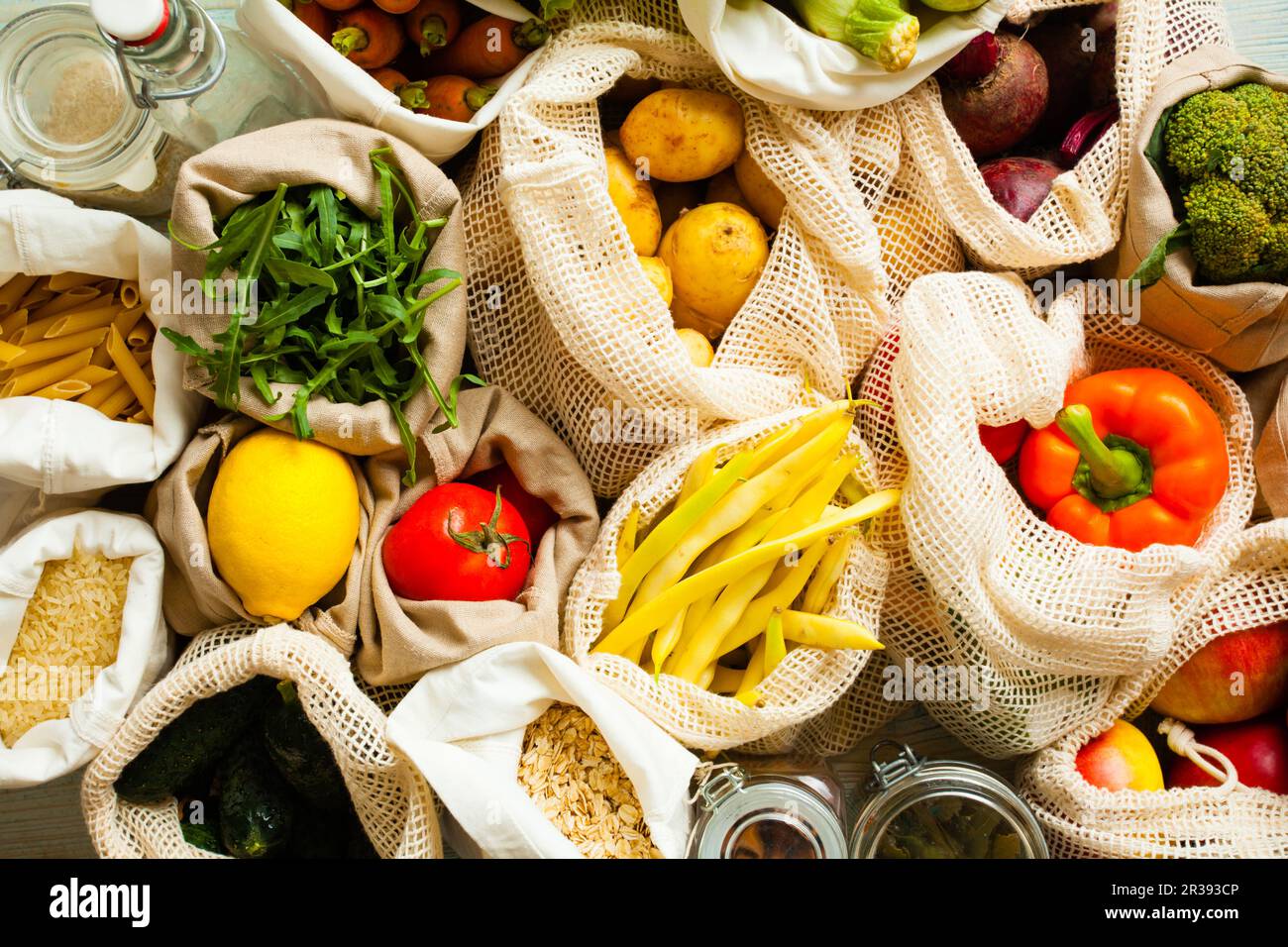 Top view of fresh vegetables in eco mesh bags Stock Photo - Alamy
