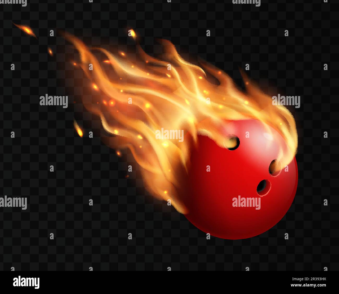 Flying bowling ball with fire flame trails. Bowling club competition, sport recreation or hobby