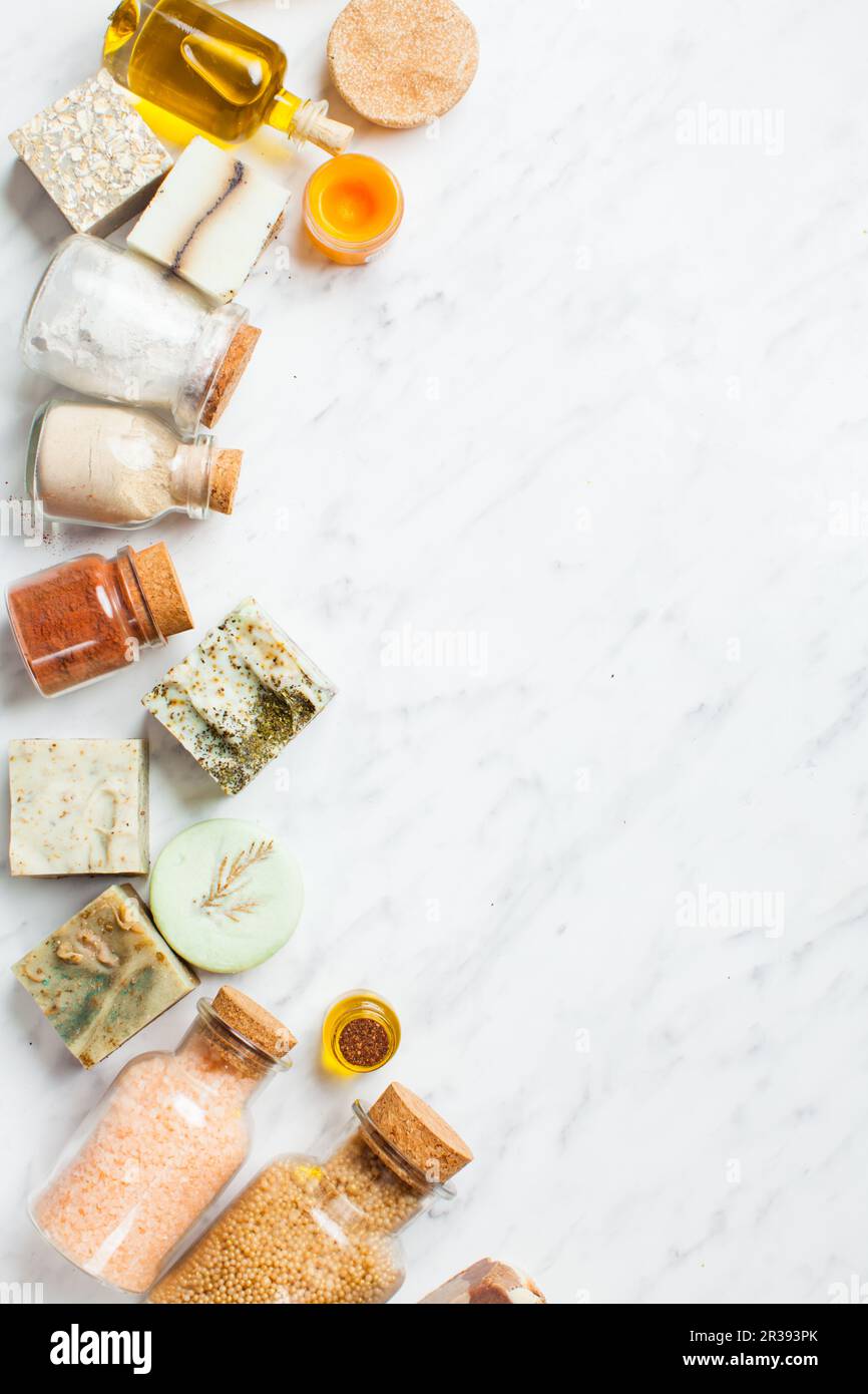 Hard soap, balsam and shampoo on white marble Stock Photo - Alamy