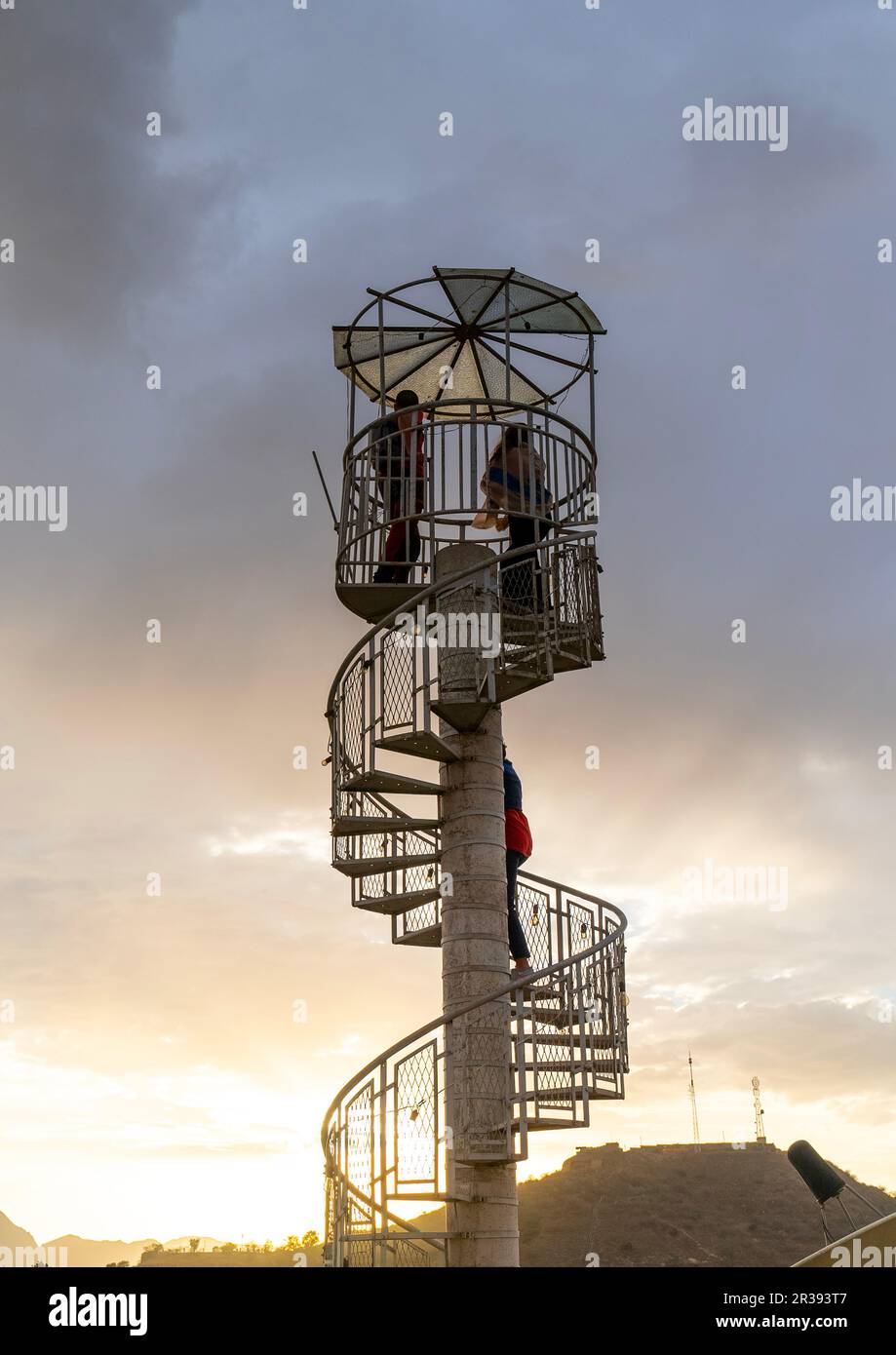 Tourists on the viewing platform in Keren hotel, Semien-Keih-Bahri ...