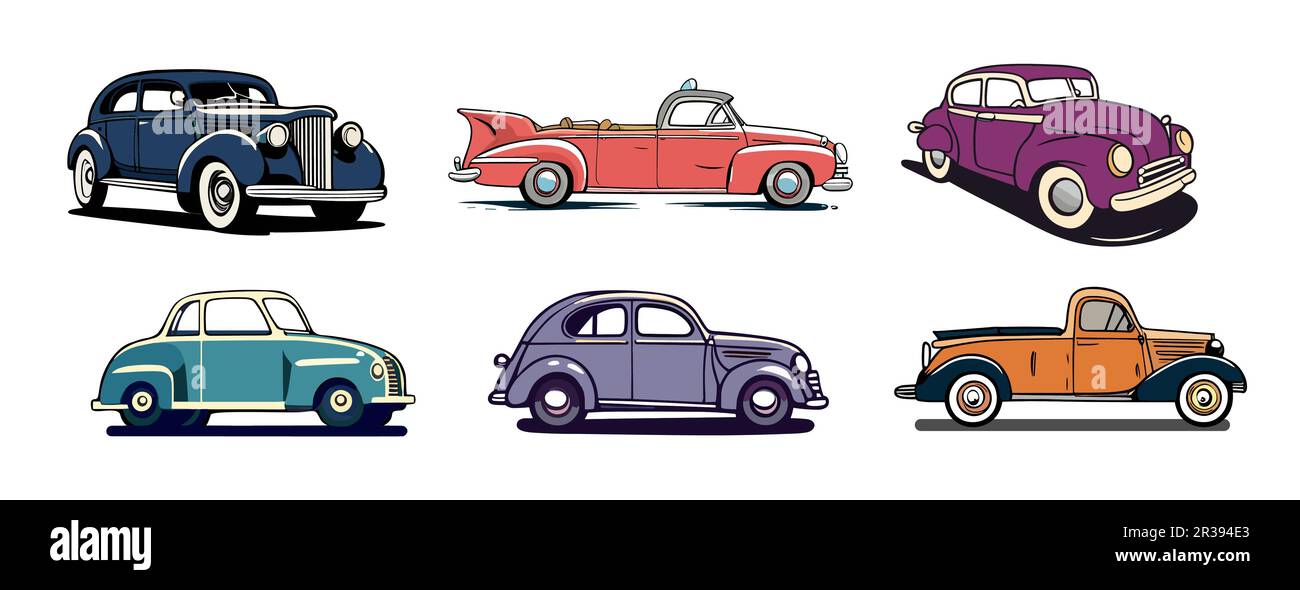 Set of cartoon vintage cars in hand drawn style.  Stock Vector