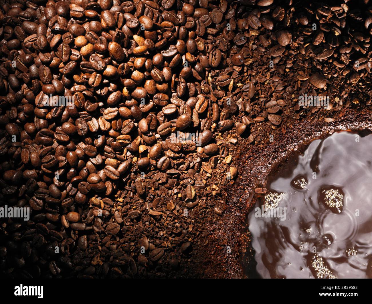 Coffee beans transition to grounds and brewed coffee, overhead landscape Stock Photo Alamy