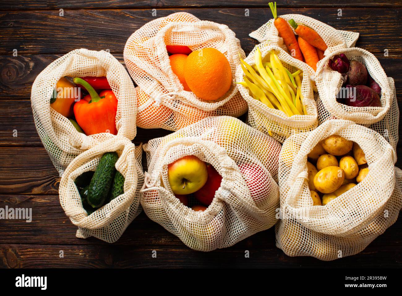 Vegetables in eco organic cotton bags top view Stock Photo - Alamy