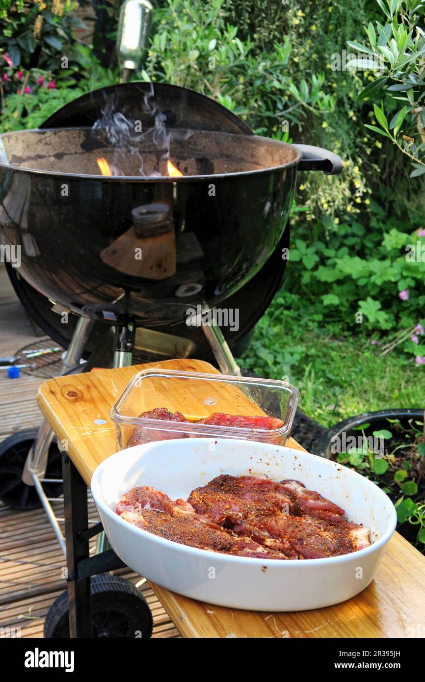Grilled meat in front of a barbecue in a garden Stock Photo - Alamy