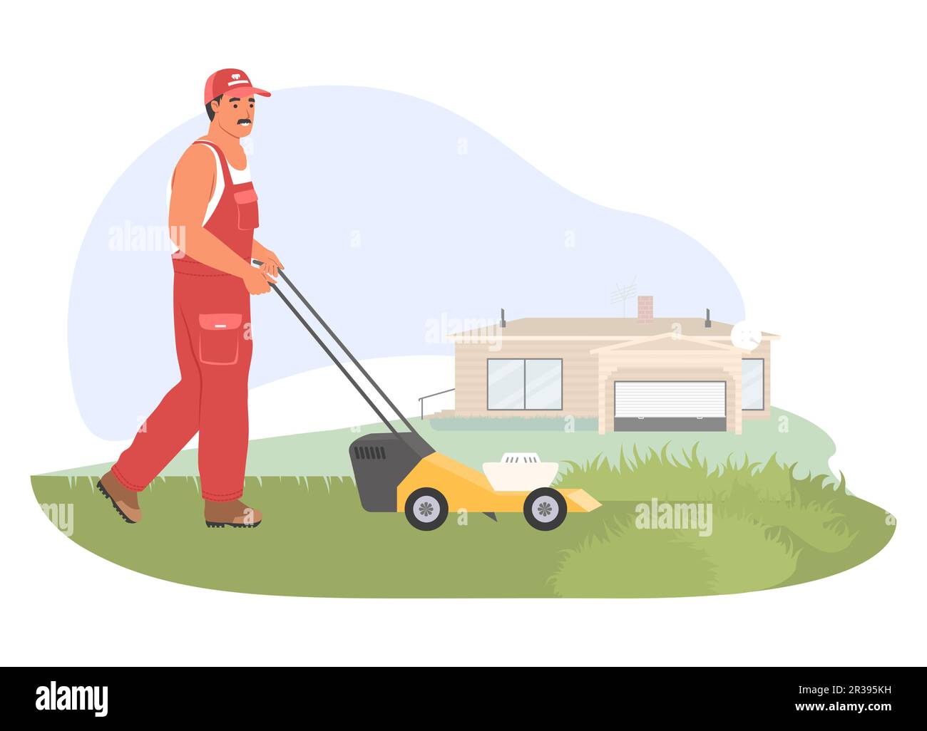 Man farmer worker mowing grass with lawn mower vector illustration