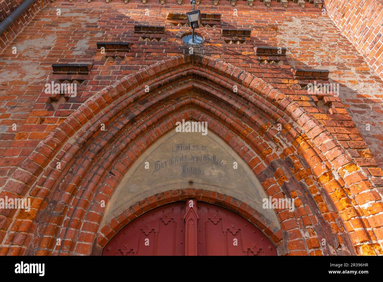St. Georegn Church, revolution 1889, town Waren, Mueritz, Mecklemburgische Seenplatte, Mecklenburg-West  Pomerania, East Deutschland, Stock Photo