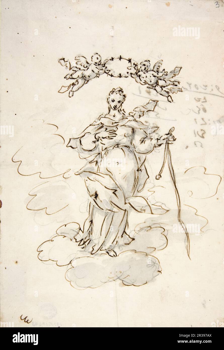 Giovanni Antonio Pellegrini, Virgin Standing on Clouds Holding a Scapular in Her Left Hand, sketch drawing before 1741 Stock Photo