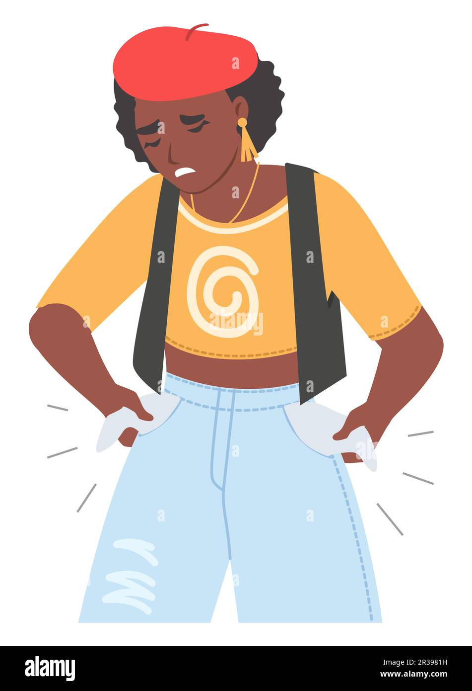 Stressed woman showing empty pocket vector illustration Stock Vector