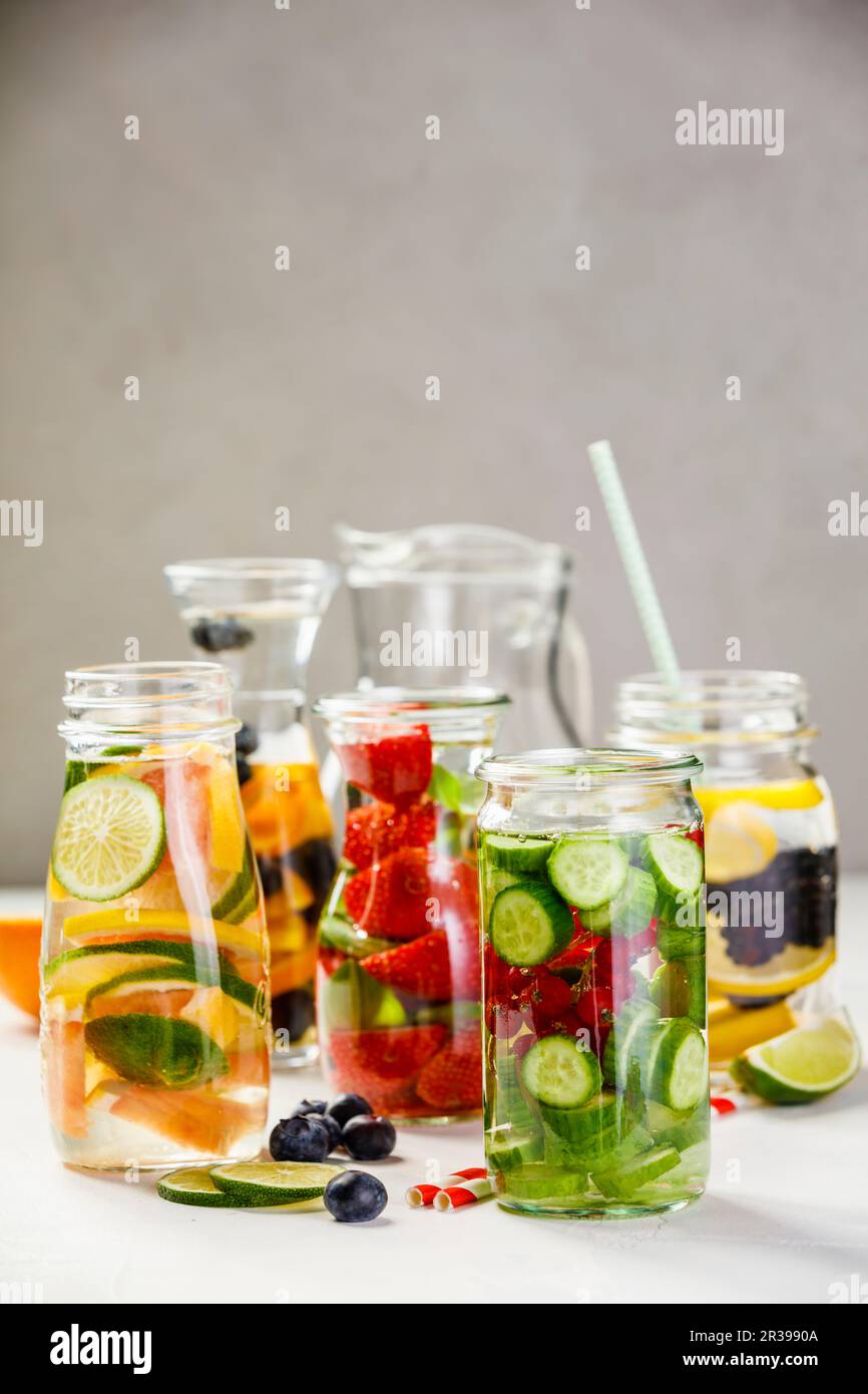 Detox fruit infused flavored water Stock Photo