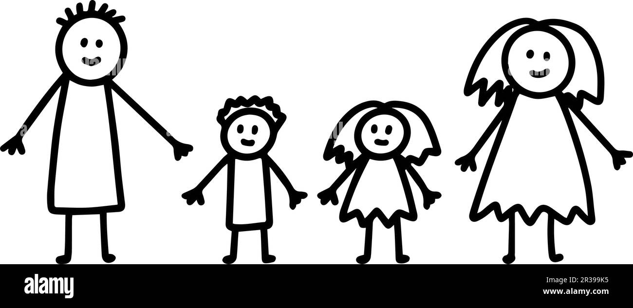 Kids doodle drawing of family with mom, dad and children, son and daughter. Two kids with mom and dad vector illustration. Stock Vector