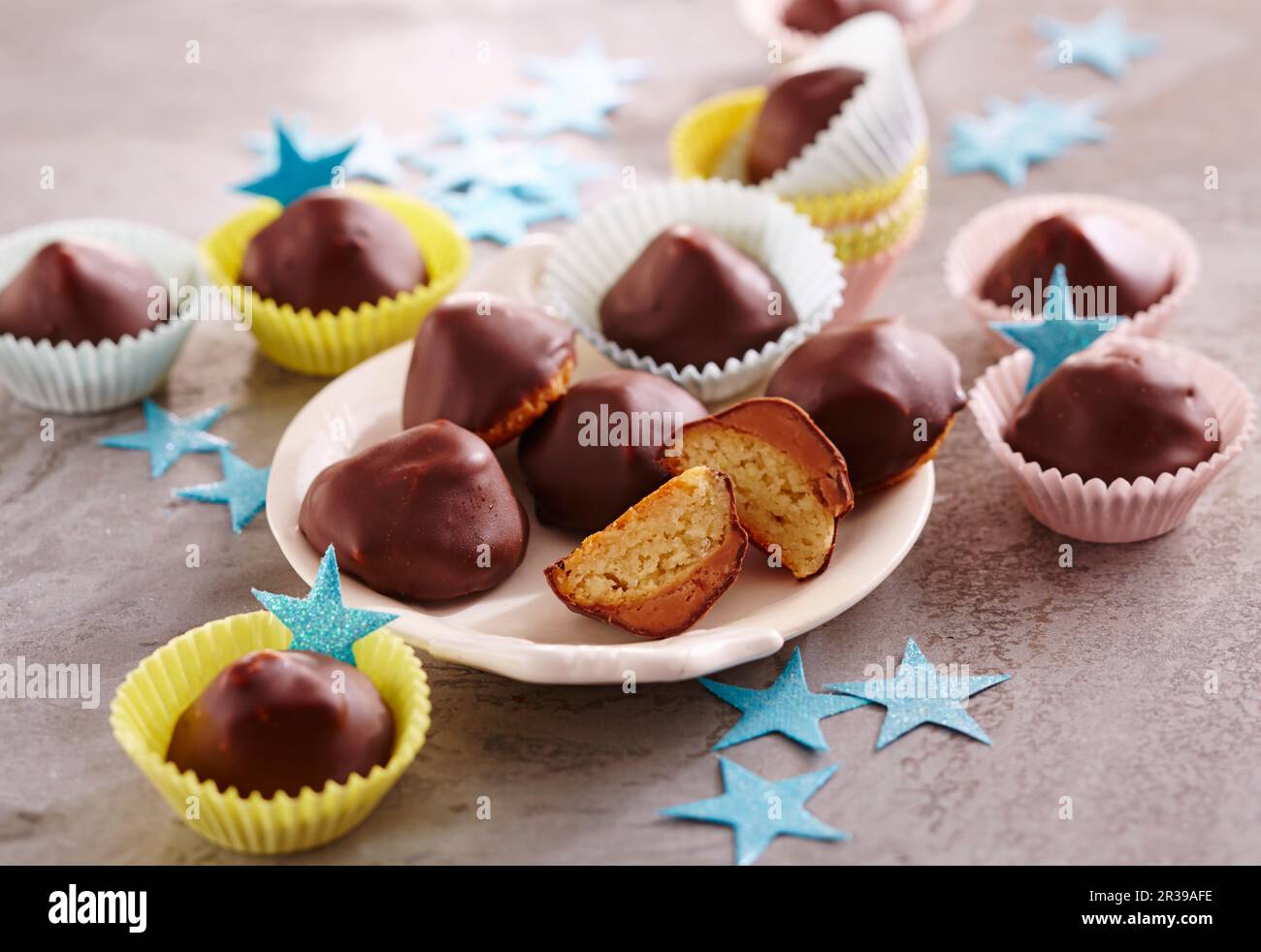 Crailsheimerle (Christmas sweets from Baden Wurttemburg) with a marzipan filling and chocolate glaze Stock Photo
