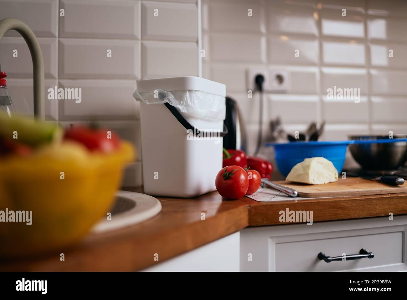 Domestic compost bin on a kitchen counter. Compact bokashi container