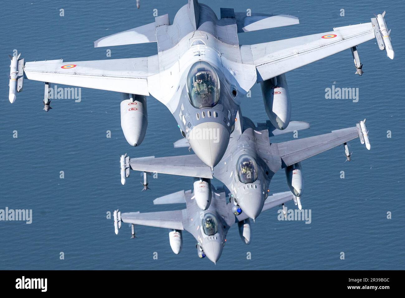 A Portuguese Air Force F 16s military fighter jet and a Romanian Air