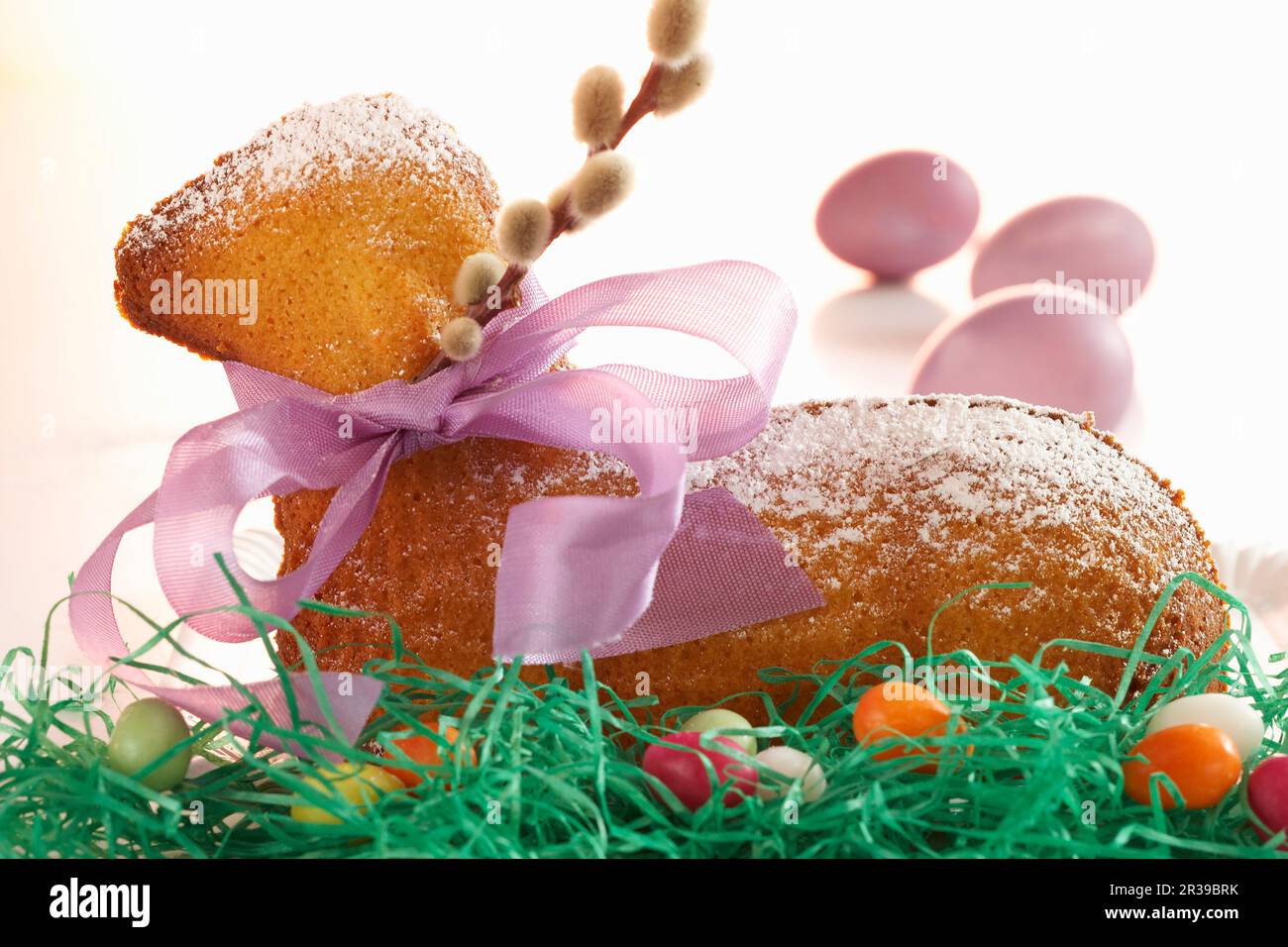 Baked Easter lamb cake in a nest Stock Photo