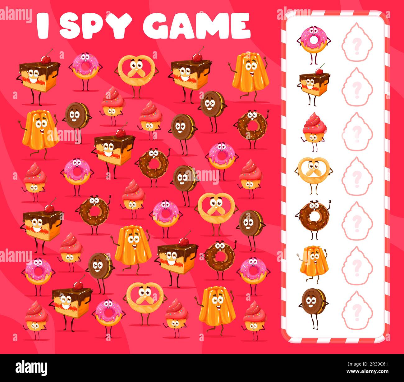 I spy game cartoon bakery, sweets and dessert characters. Kids vector