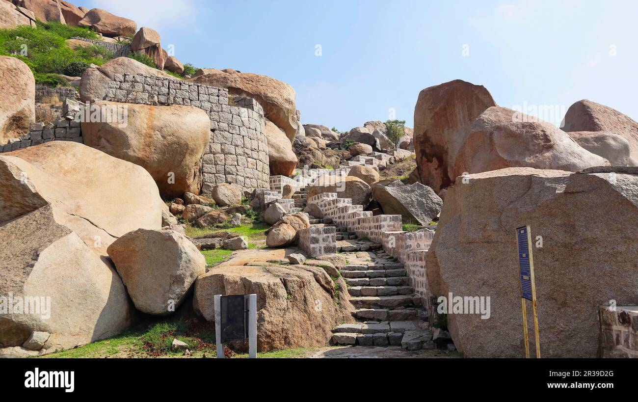 Stairs of Bellary. Fort , Hillfort, Bellary, Karnataka, India. Stock Photo