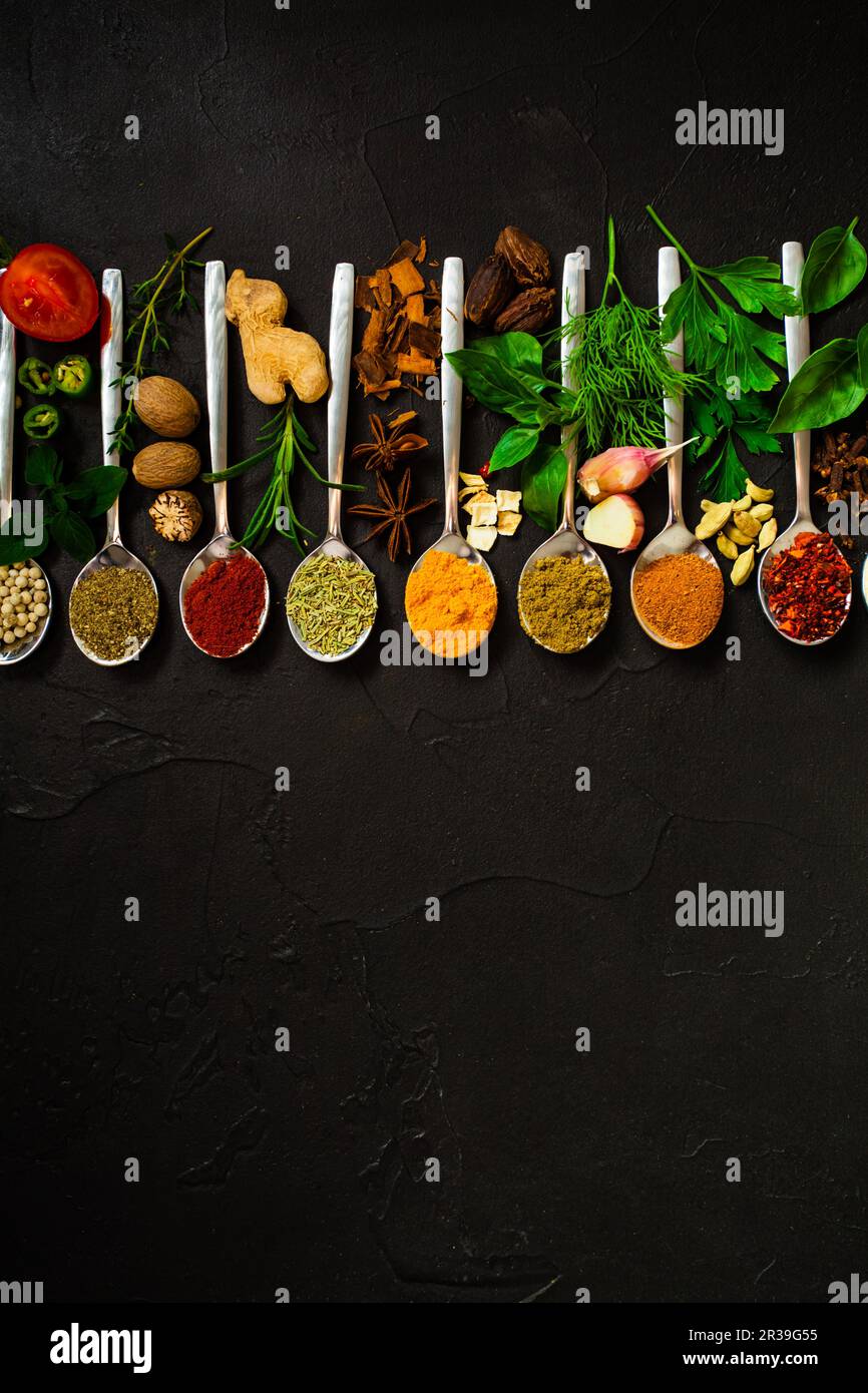 Colourful various herbs and spices for cooking on dark background. Stock Photo