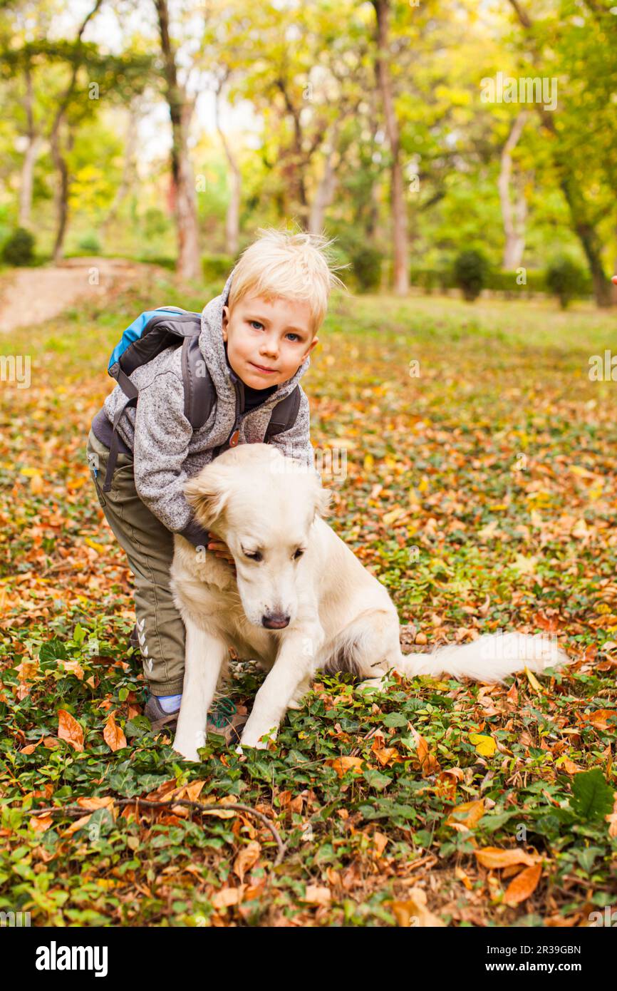 Little animal lover on a autumn walk with pet dog Stock Photo