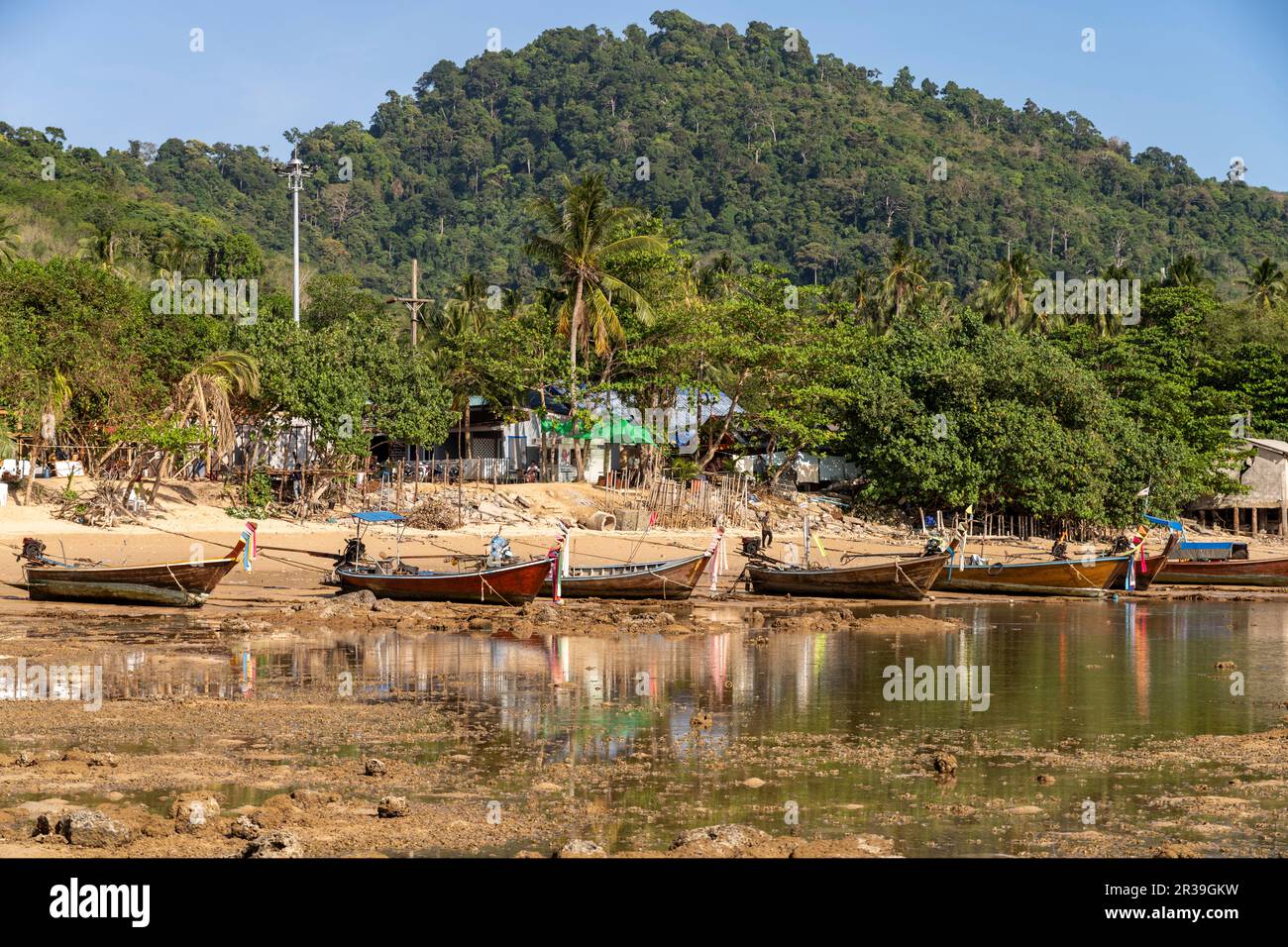 Fischerboote bei Ebbe, Insel Koh Libong in der Andamanensee, Thailand, Asien   |  Fishing boats at lpw tide, Ko Libong, island in the Andaman Sea , Th Stock Photo
