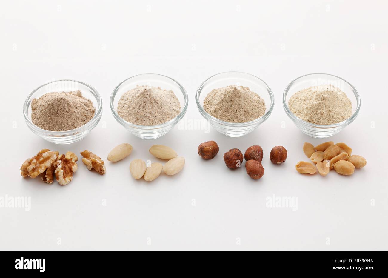 Various types of nut flour Stock Photo