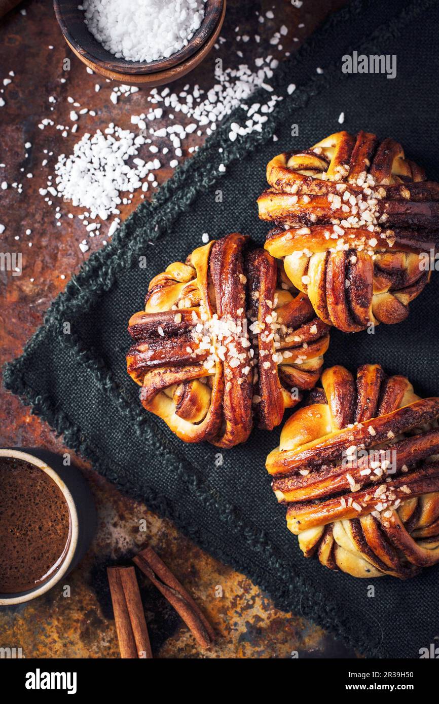 Swedish cinnamon buns with coffee Stock Photo