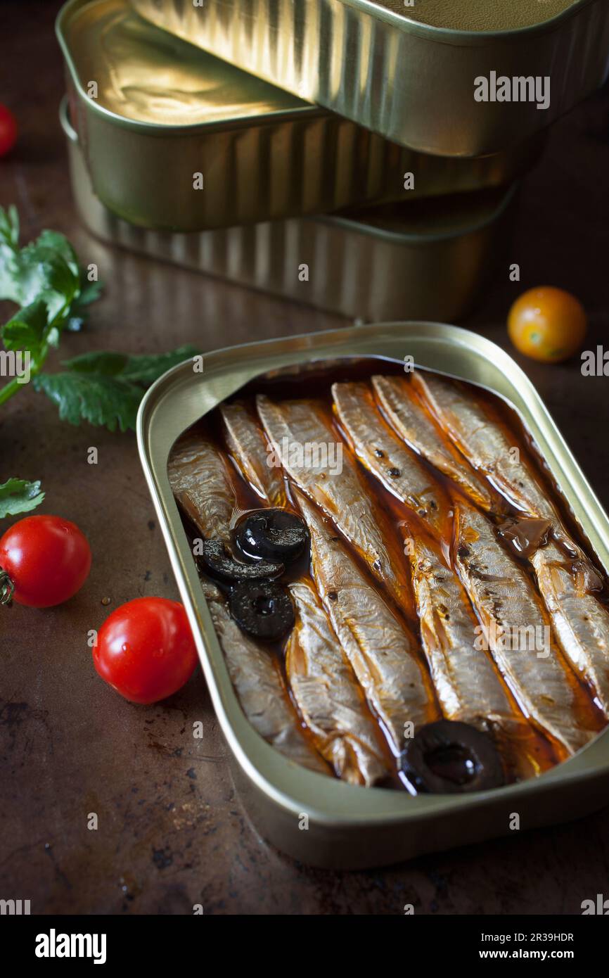 Tin of Sardines with Olives in Oil Stock Photo Alamy