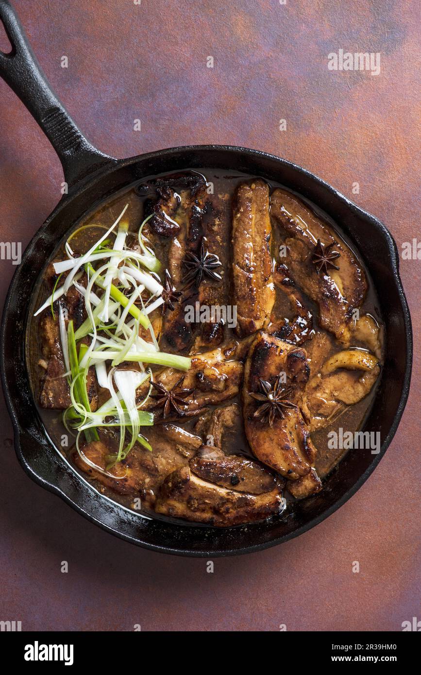 Slow cooked chineese pork belly slices with honey, soy sauce, five