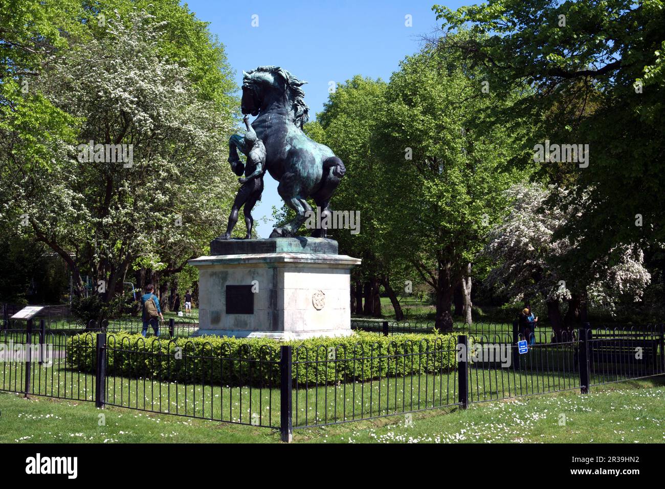 Sir Alfred Bird statue, Malvern Park, in spring, Solihull, West Midlands, England, UK Stock Photo