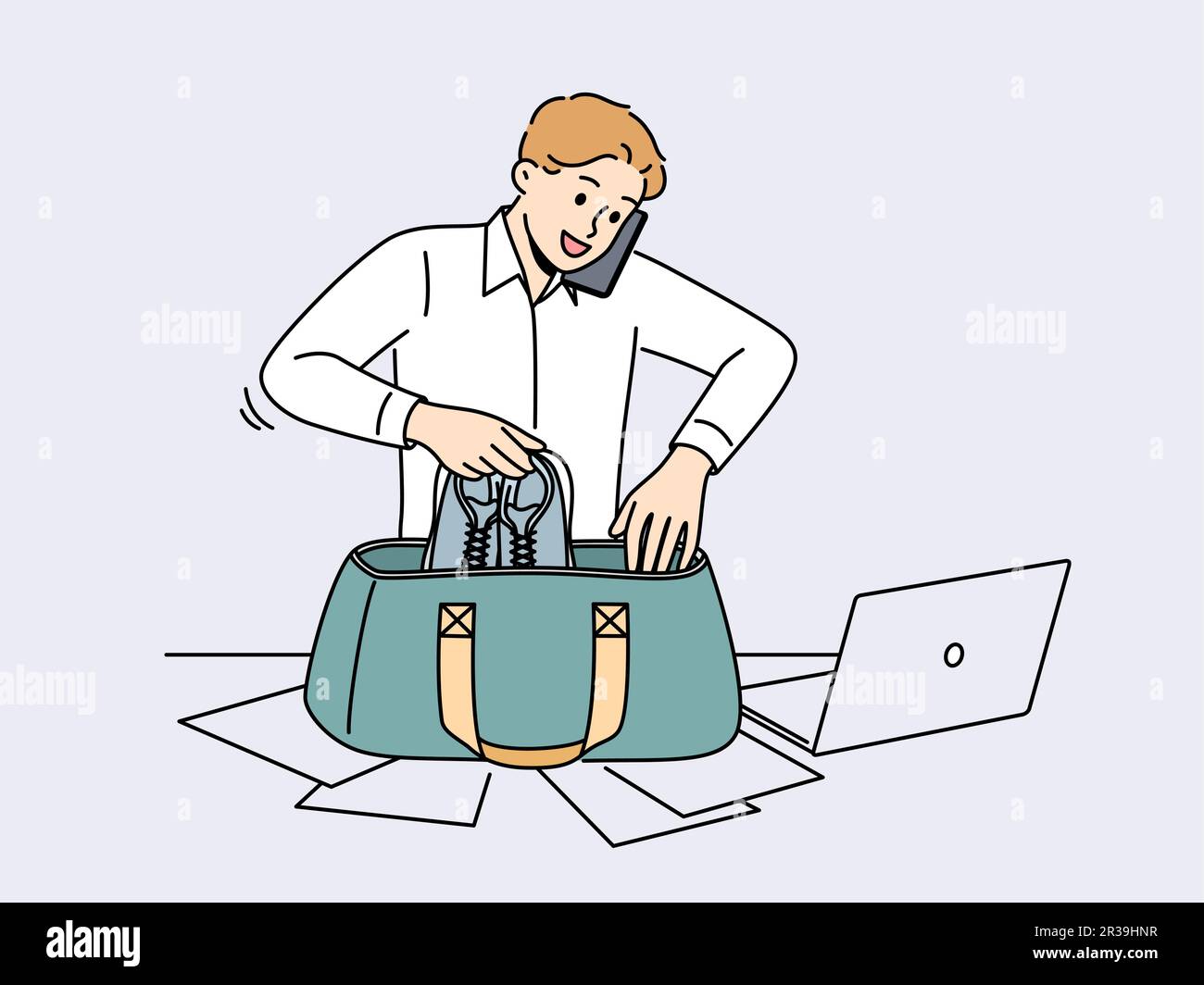 Businessman packing bag for workout finishing office job. Male employee
